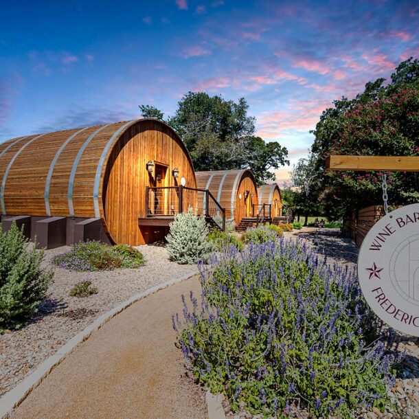 Wine Barrel Cabins at Sunset
