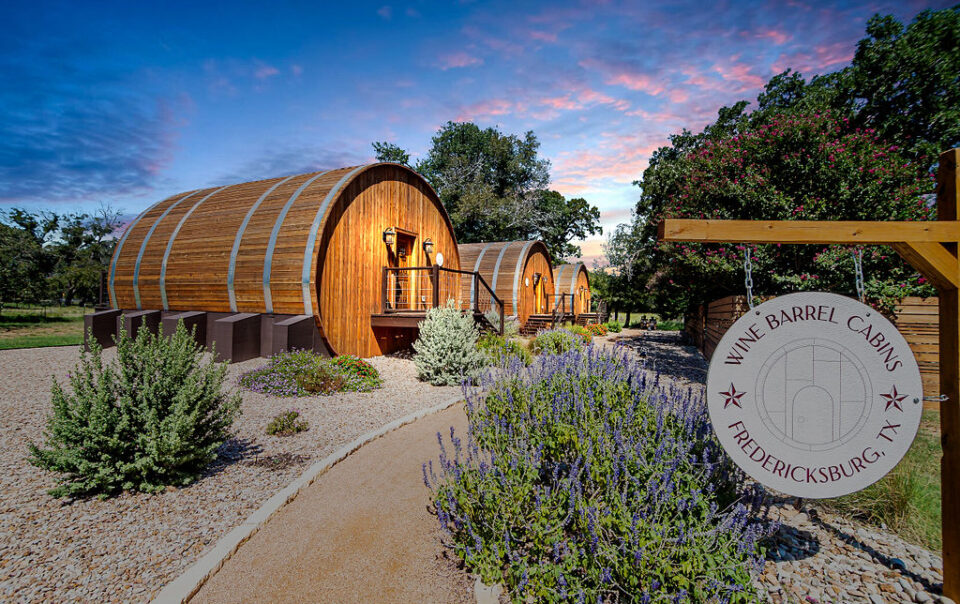 Wine Barrel Cabins at Sunset