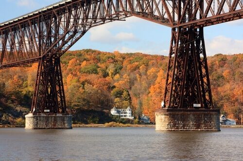 Upstate New York Fall Foliage: Bright Orange Emerging Beneath Walkway Over the Hudson