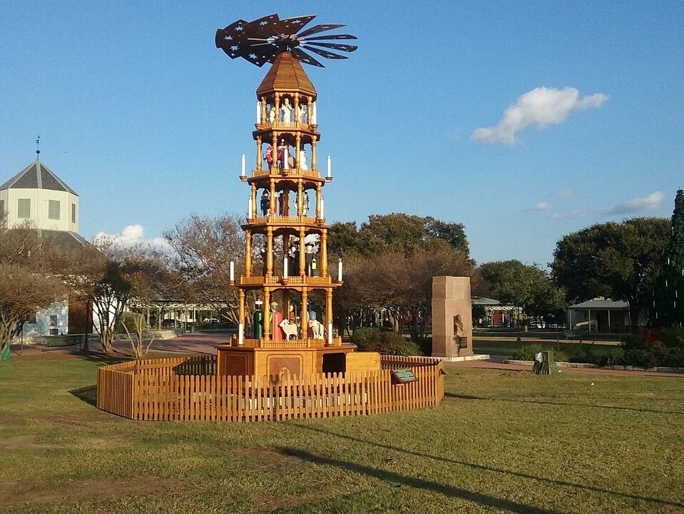 Large wooden German Christmas pyramid at Marktplatz in Fredericksburg, Texas.