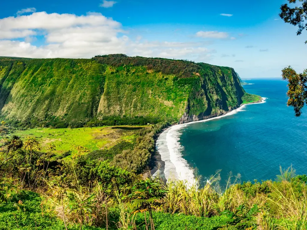 Lush green cliffs overlooking a blue ocean with white waves and a sandy beach.
