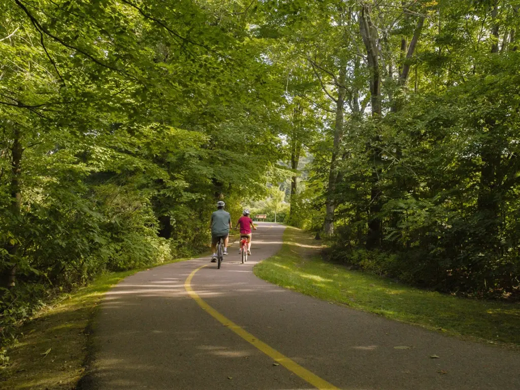 Upscale wilderness retreats northeast include scenic paved bike paths surrounded by dense, overhanging green trees.