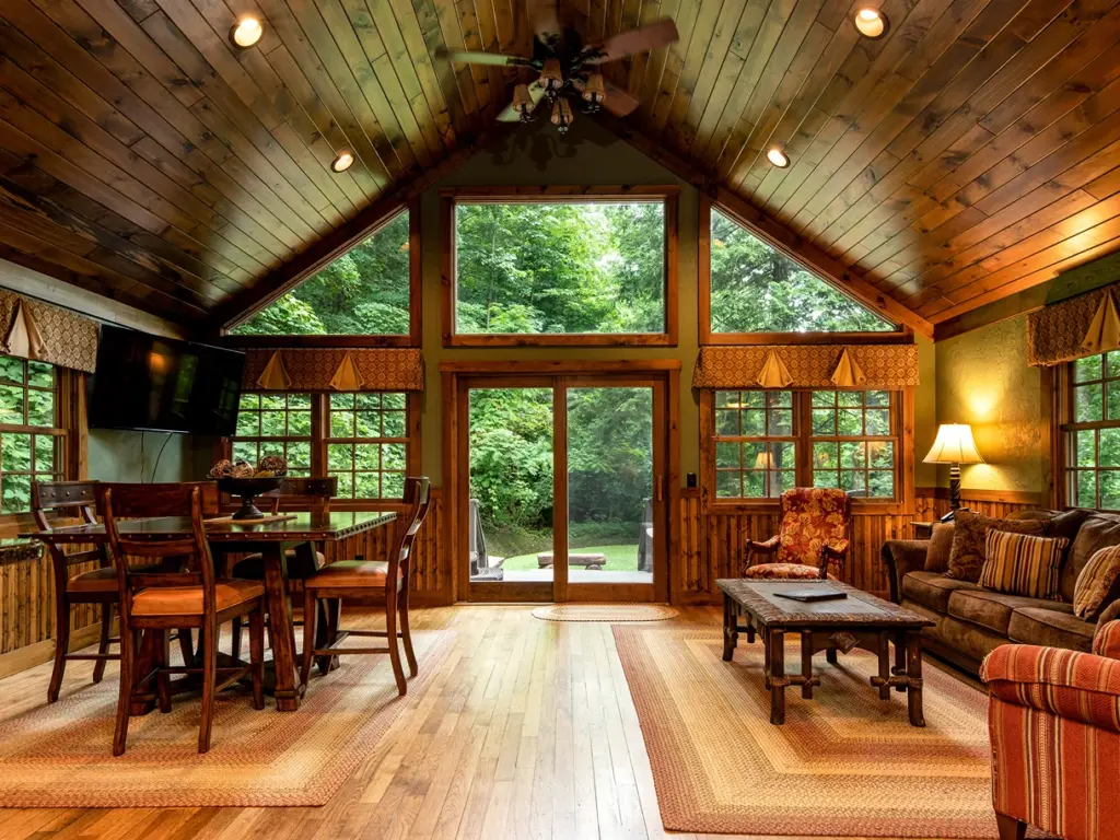 The White Oak Cabin interior with vaulted wood ceilings, a dining table, and a living room looking out to the forest.