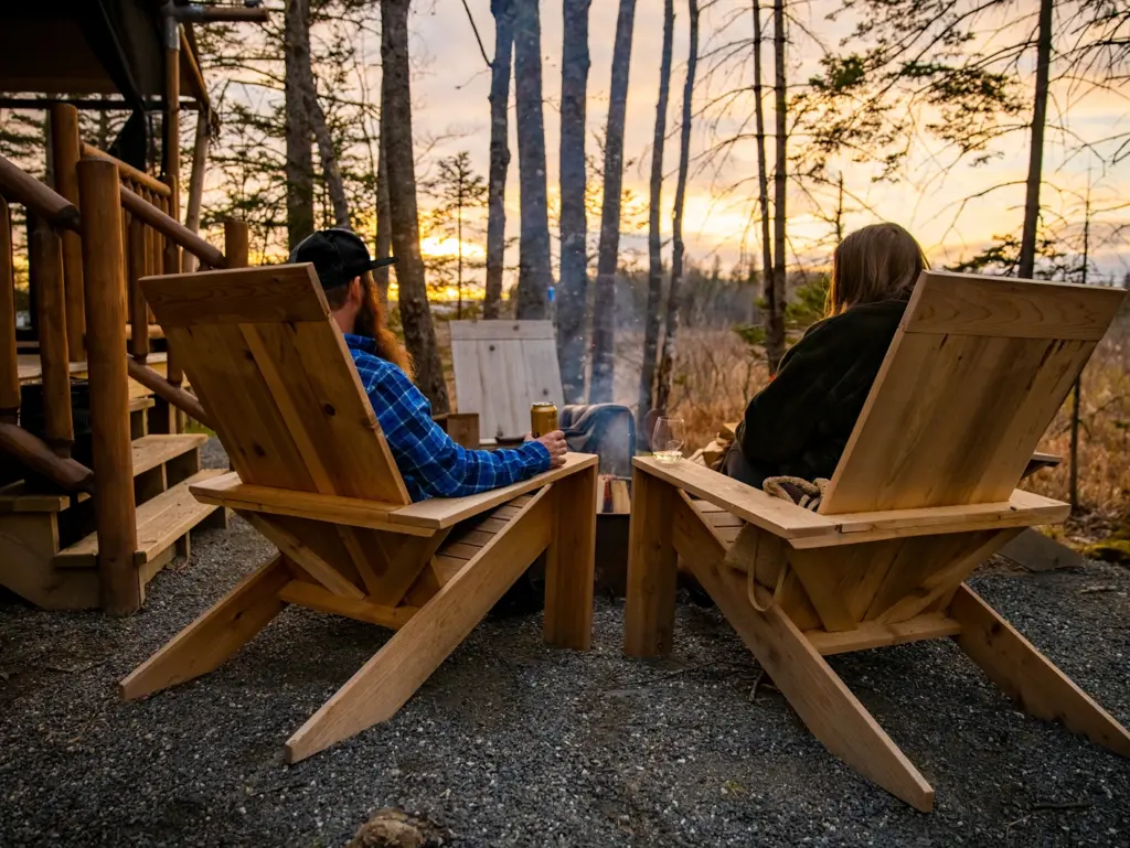Upscale wilderness retreats northeast feature a couple in wooden lawn chairs looking out at a forest sunset by a smoky fire.