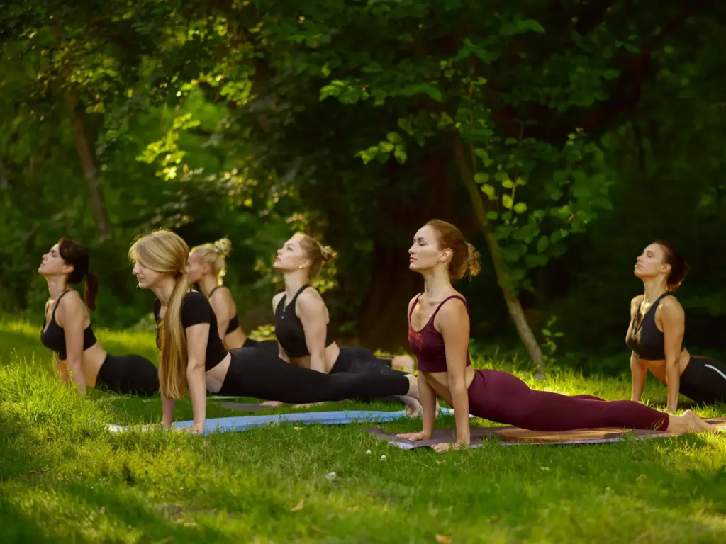 A group of women practicing cobra pose on mats outdoors on green grass during secluded yoga retreats north carolina.