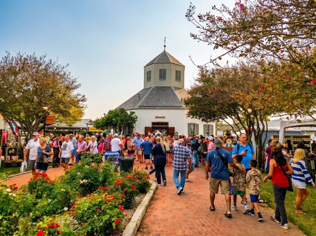 Crowds of people walk along a brick path toward the Vereins Kirche building at the Fredericksburg Oktoberfest.