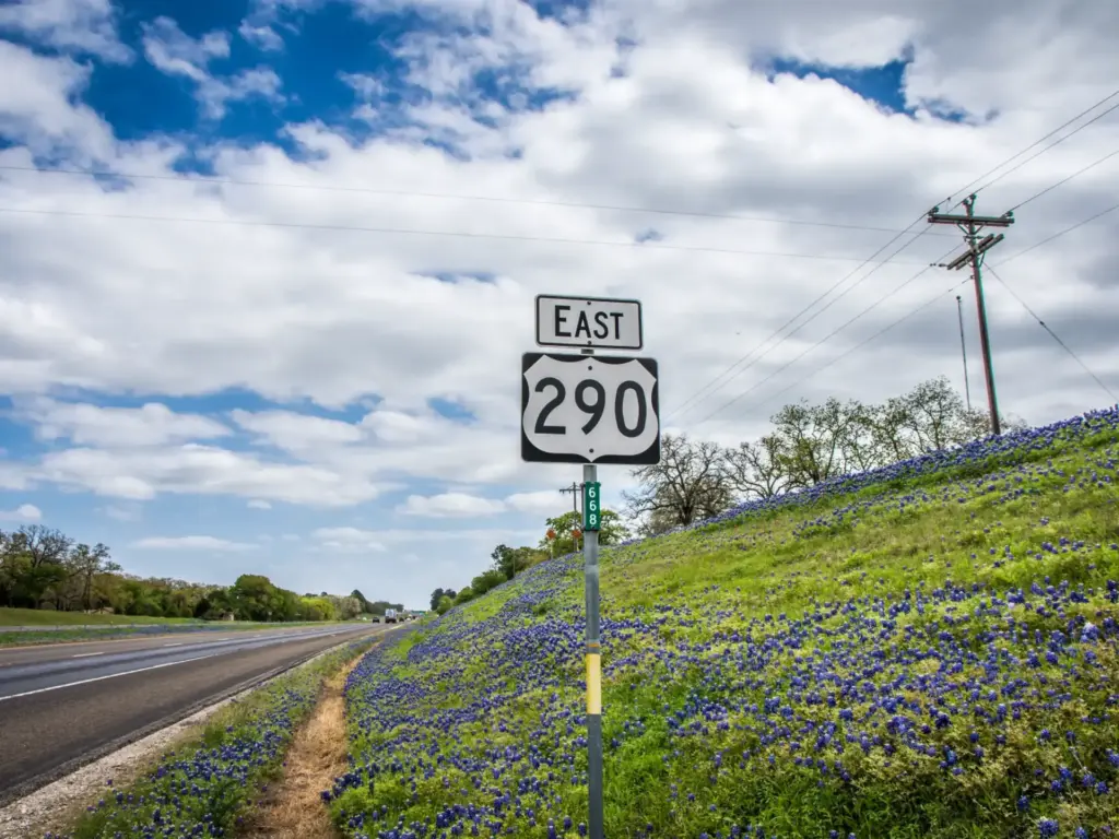 US Route 290 East sign amid bluebonnets, one of the best road trips in Texas, under a partly cloudy sky.