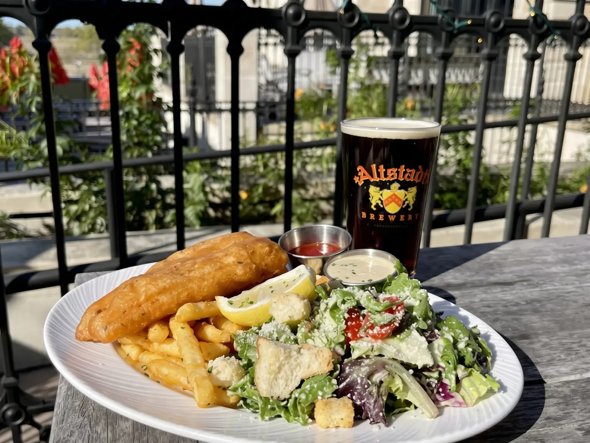 Beer-battered fish and chips at one of the top breweries in Fredericksburg Texas, served outdoors at Altstadt.