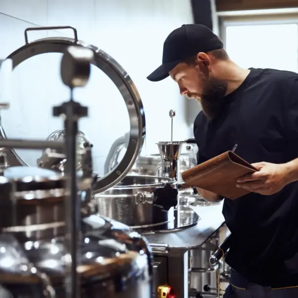 A bearded man reviews brewing notes at one of the breweries in Fredericksburg TX, inspecting stainless steel equipment.